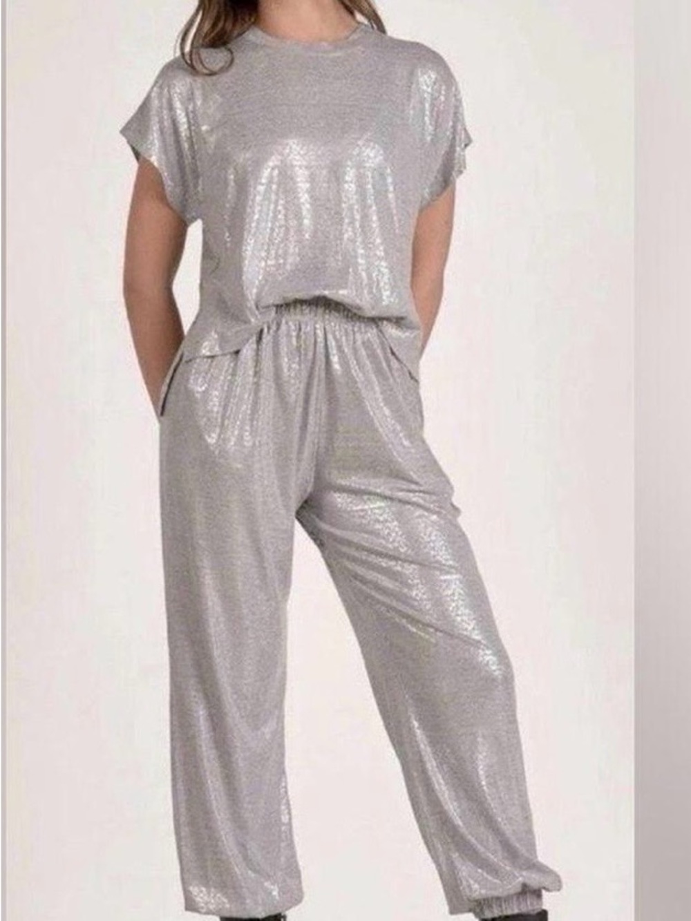 Elan Metallic Silver Relaxed Jumpsuit
